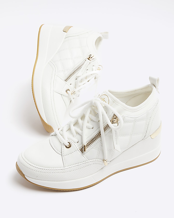 White Quilted Side Zip Wedge Trainers