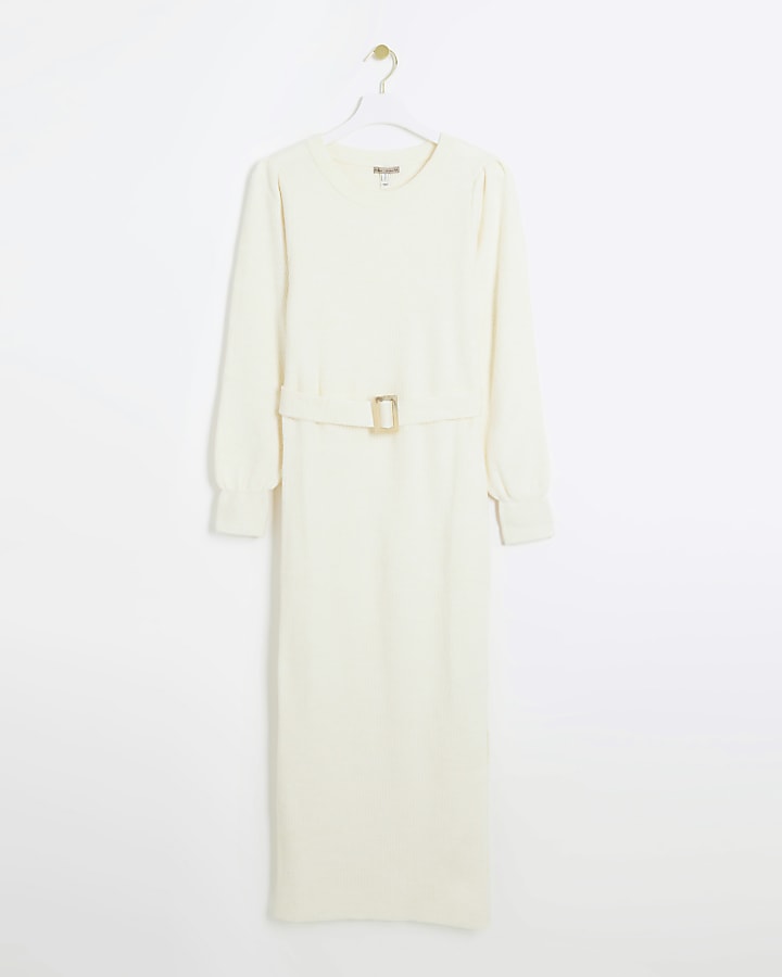 Cream knit belted jumper midi dress River Island