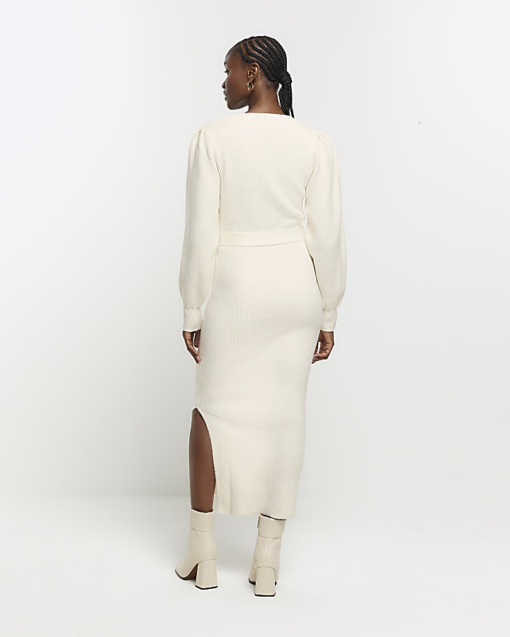 Cream knit belted jumper midi dress River Island