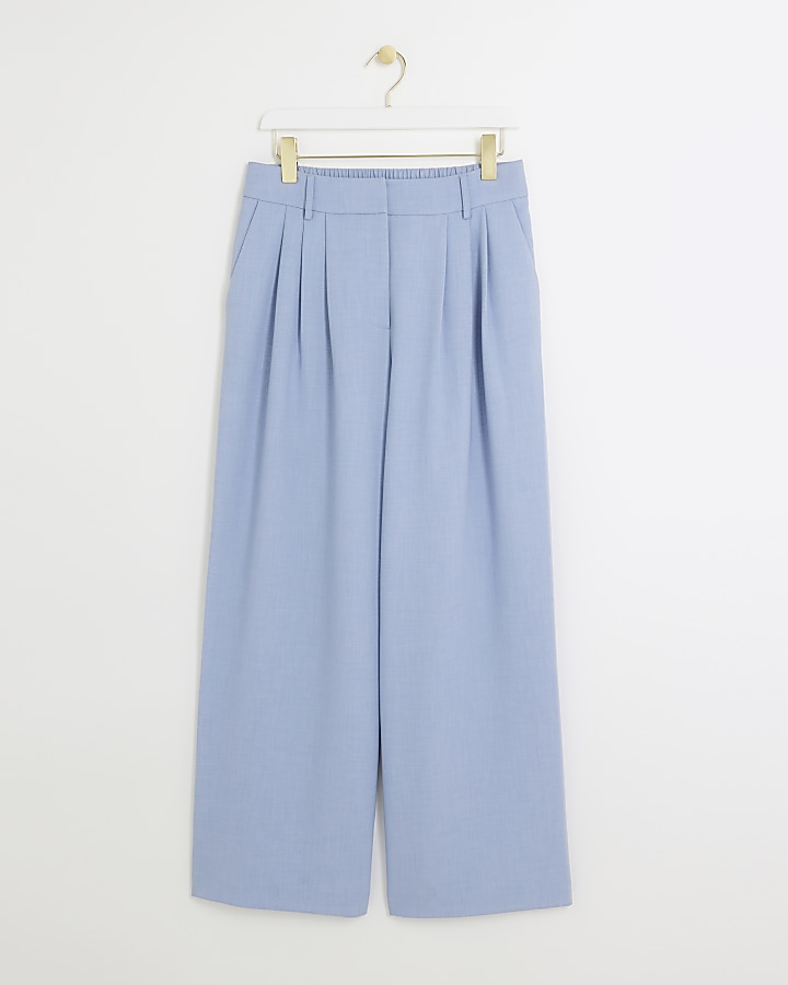 Blue pleated detail wide leg trousers