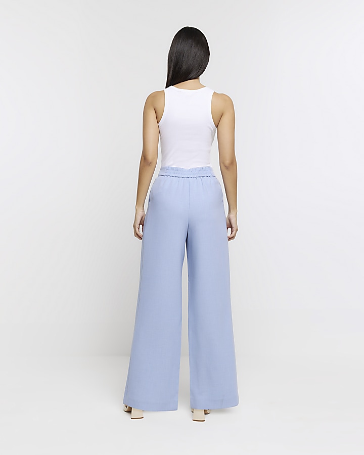 Blue pleated detail wide leg trousers