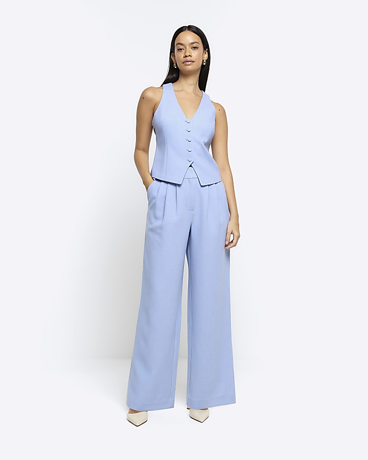 Blue pleated detail wide leg trousers | River Island