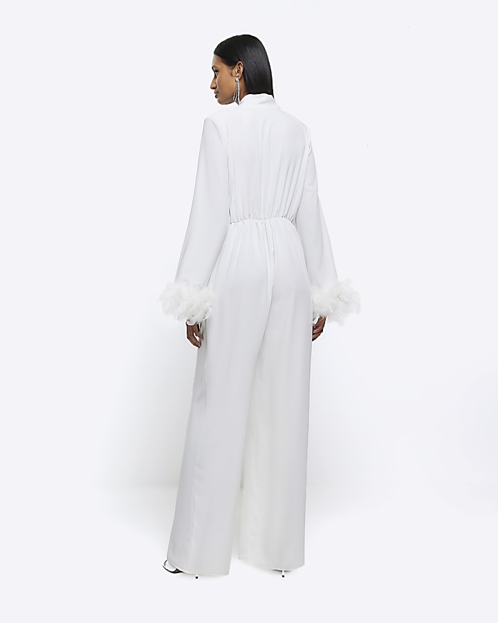 White feather cuff wide leg jumpsuit River Island