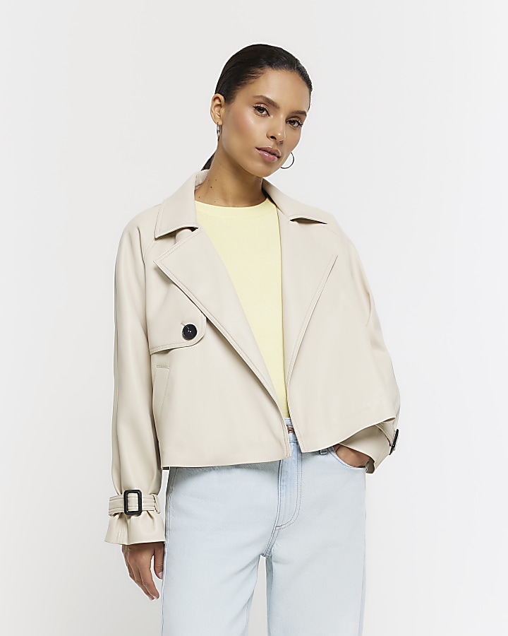 Petite Cream Faux Leather Trench Coat