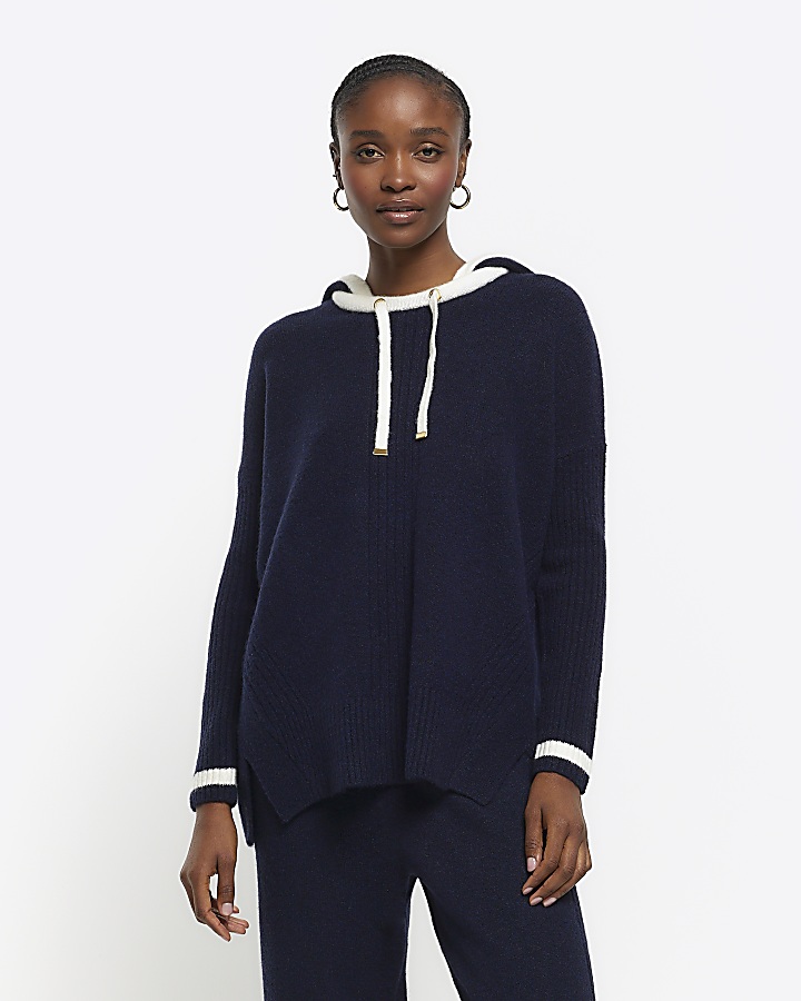 Navy hooded jumper | River Island