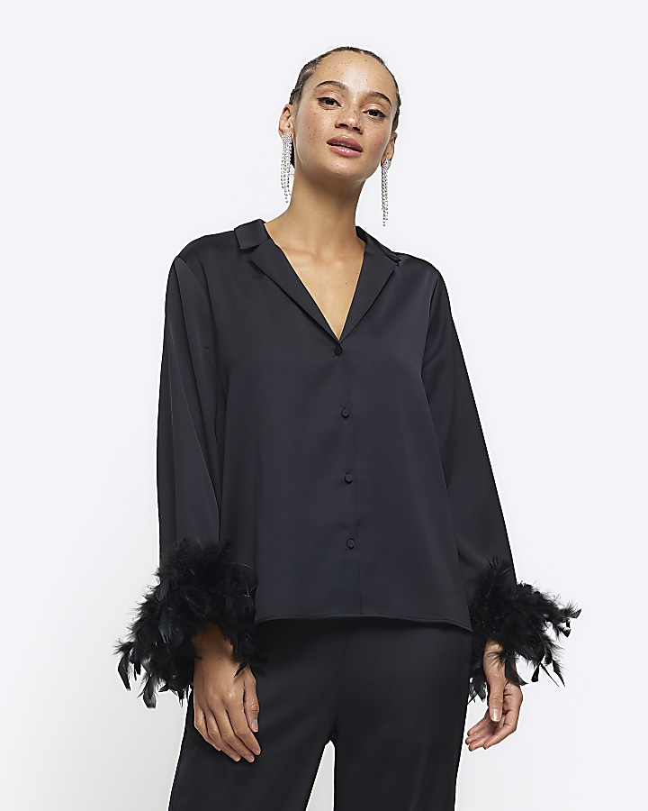 Loosen Up Black Plunge Neck Utility Pockets Shirt With Feather