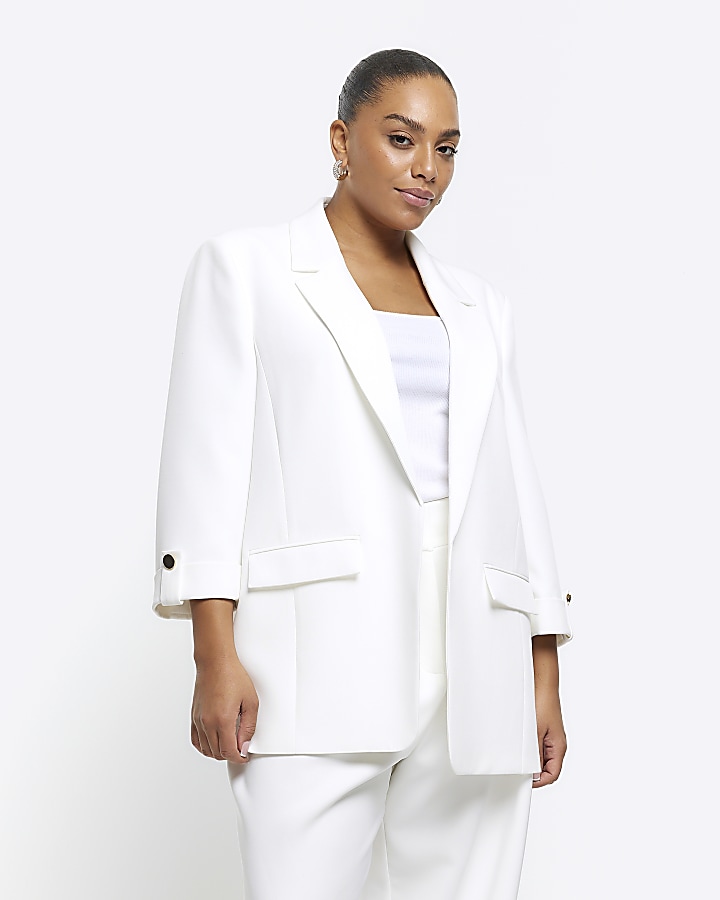 Plus white roll sleeve blazer