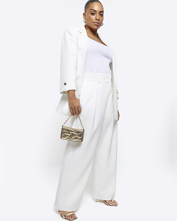 Plus white pleated wide leg trousers