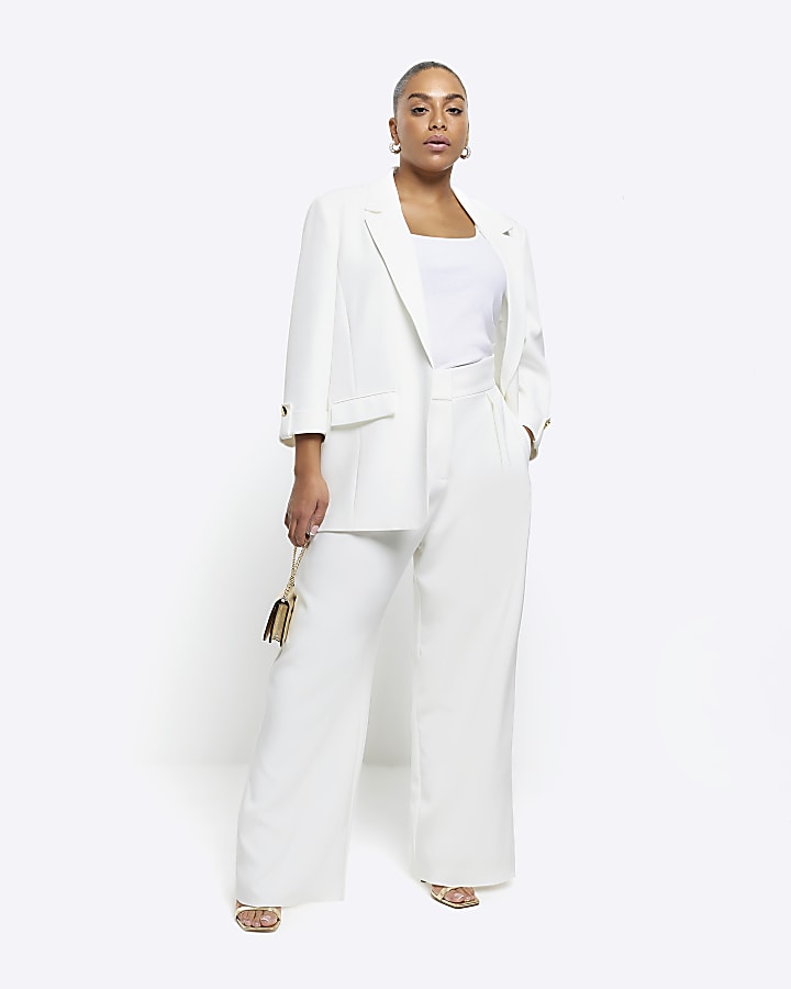 Plus white pleated wide leg trousers