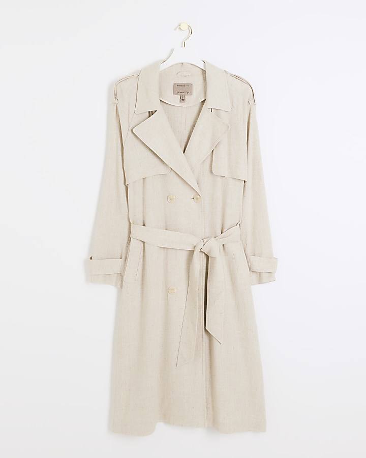 Cream linen blend belted trench coat
