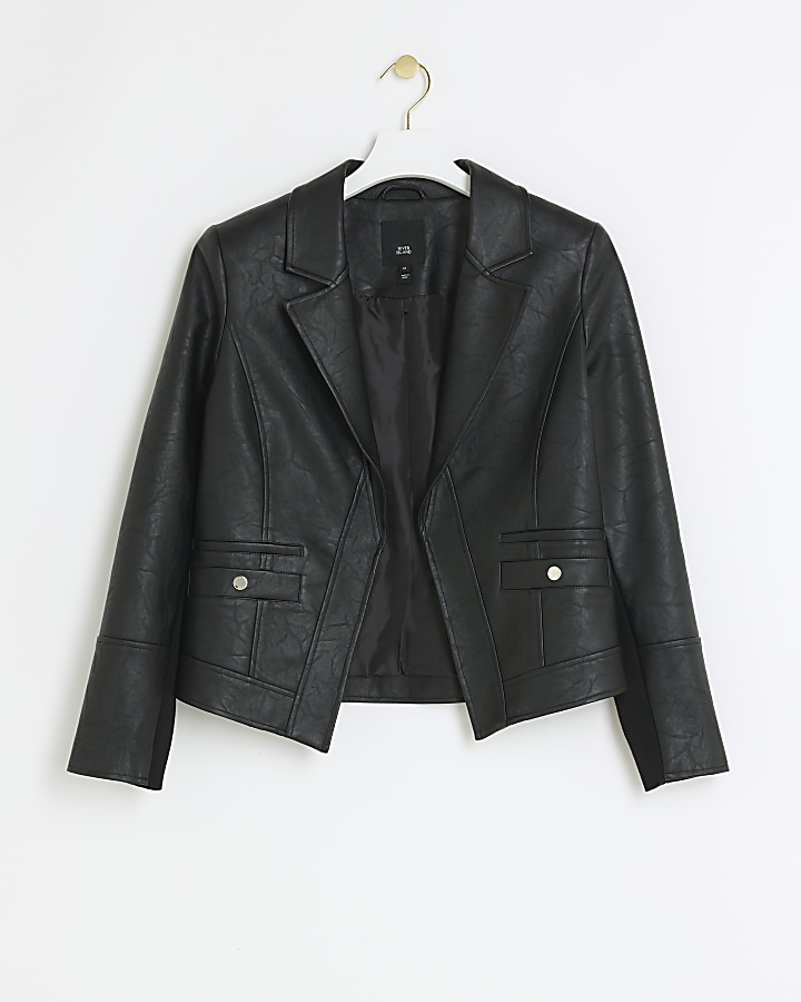 Petite black faux leather blazer