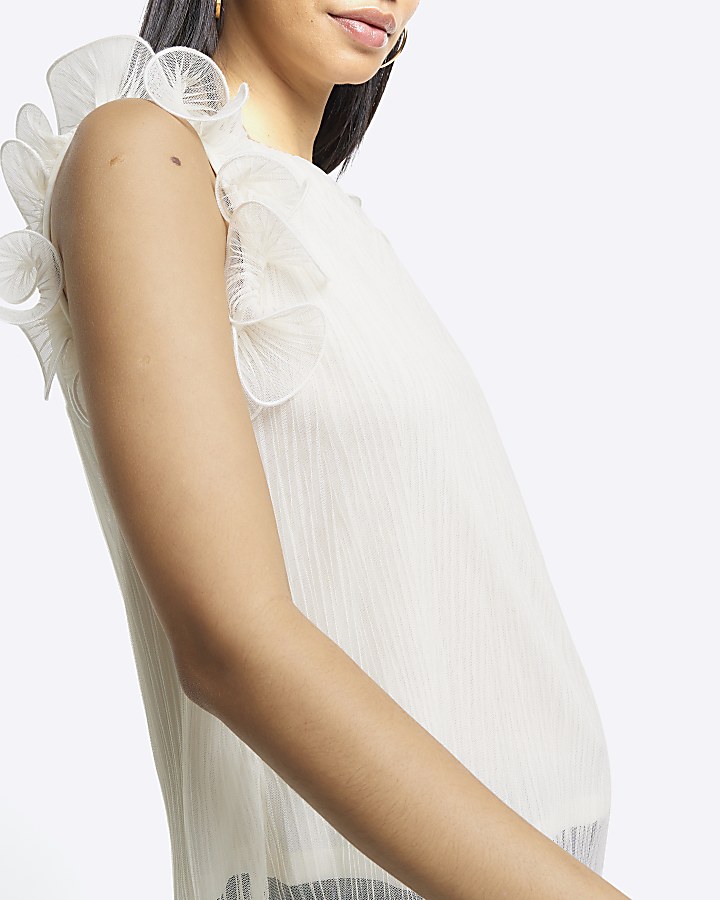 Cream plisse frill detail vest top