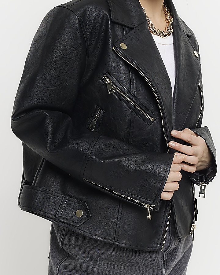 Petite Black Faux Leather Biker Jacket