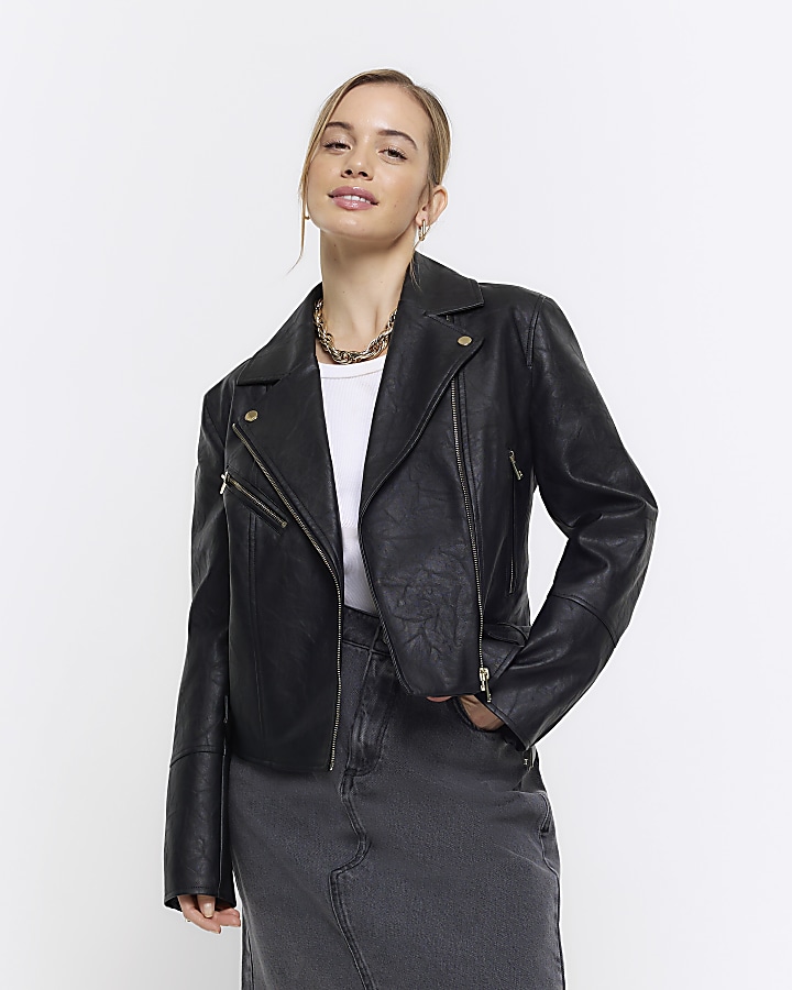 Petite Black Faux Leather Biker Jacket | River Island