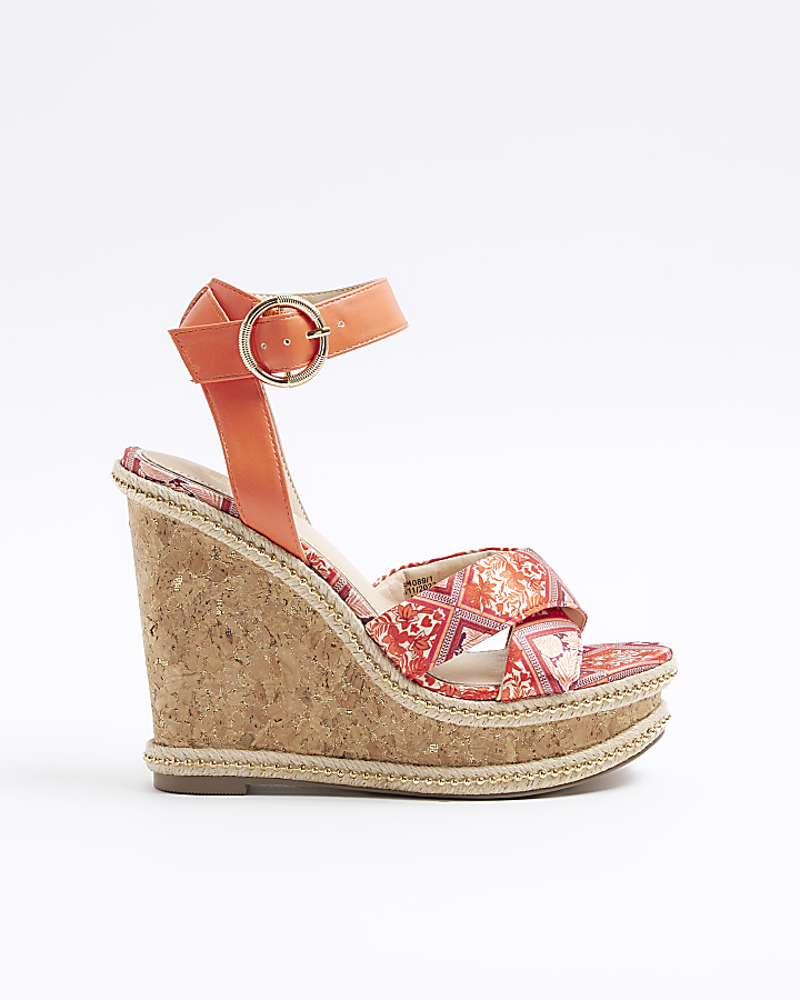 Orange floral crossed wedge sandals