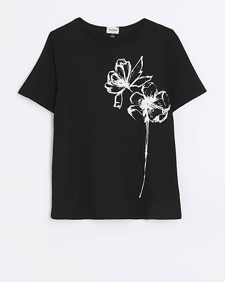 Black flower graphic t-shirt | River Island