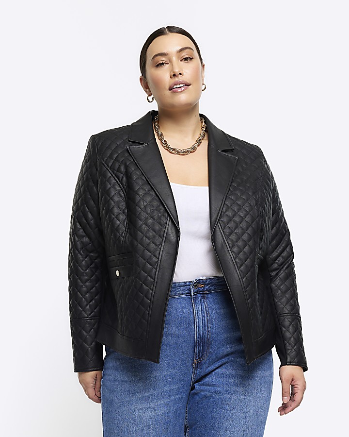 Plus black faux leather quilted blazer