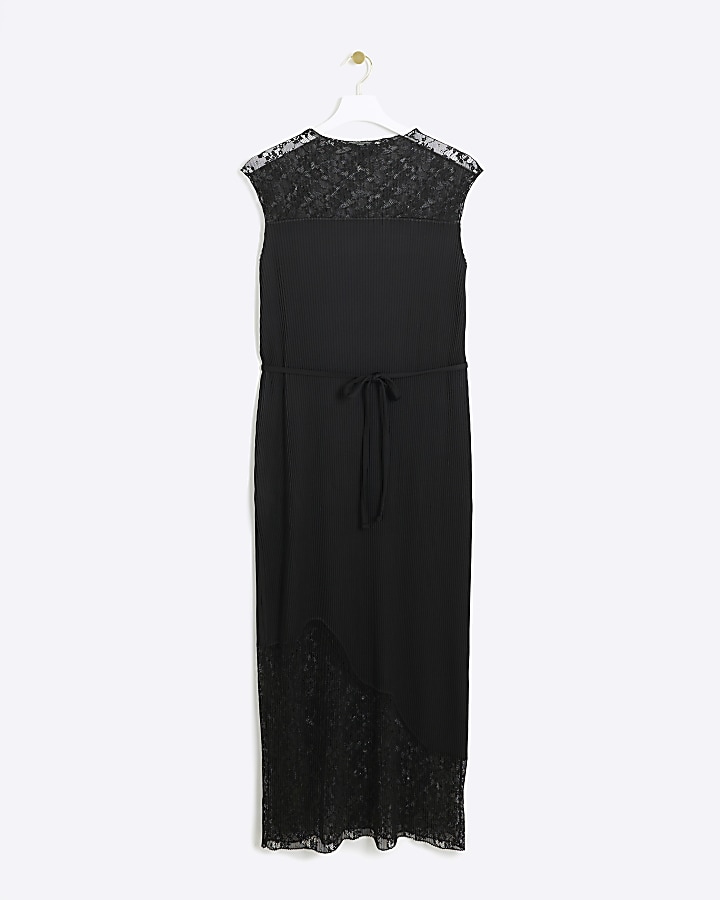 Black plisse lace slip midi dress