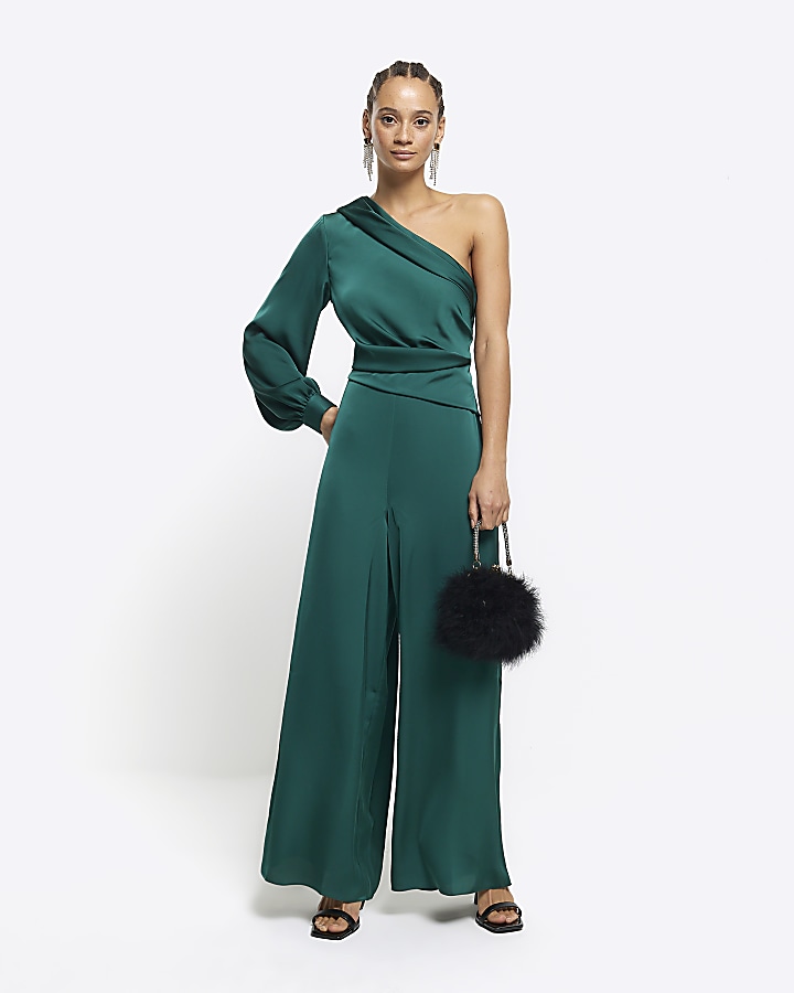 Green satin one shoulder wide leg jumpsuit | River Island