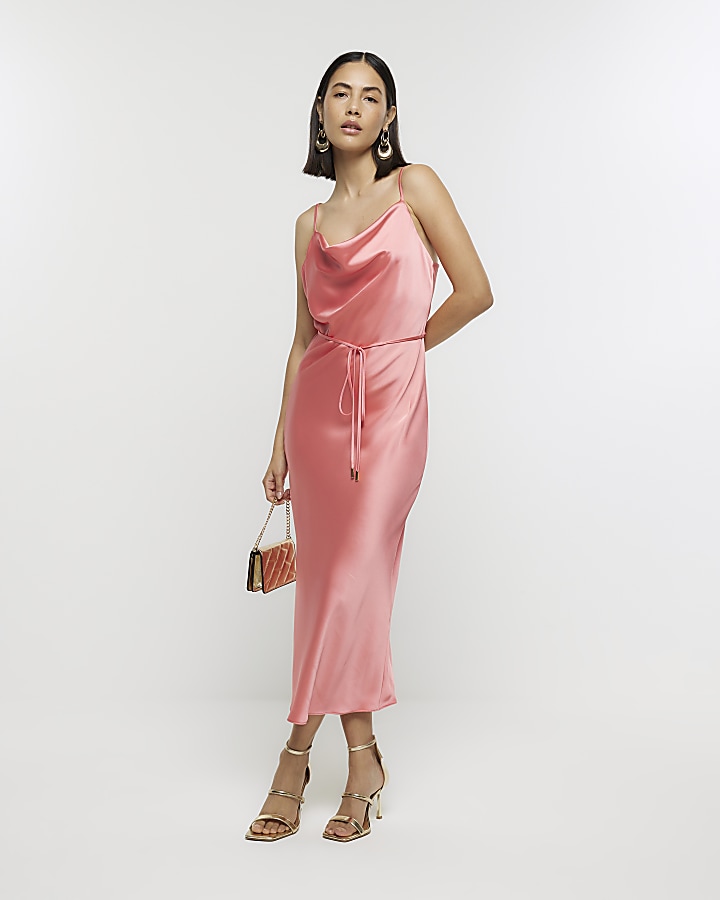 Coral satin cowl neck slip midi dress