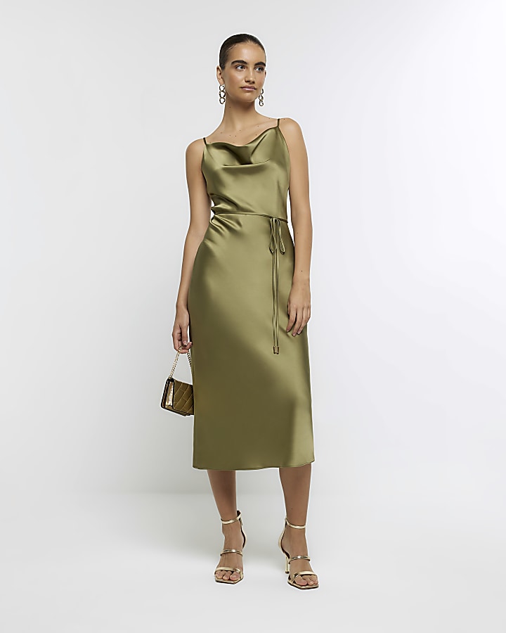 Khaki satin cowl neck slip midi dress