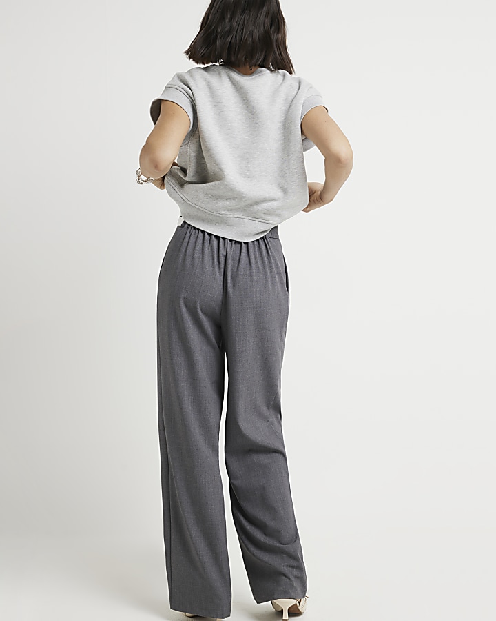 Grey asymmetric waist wide leg trousers