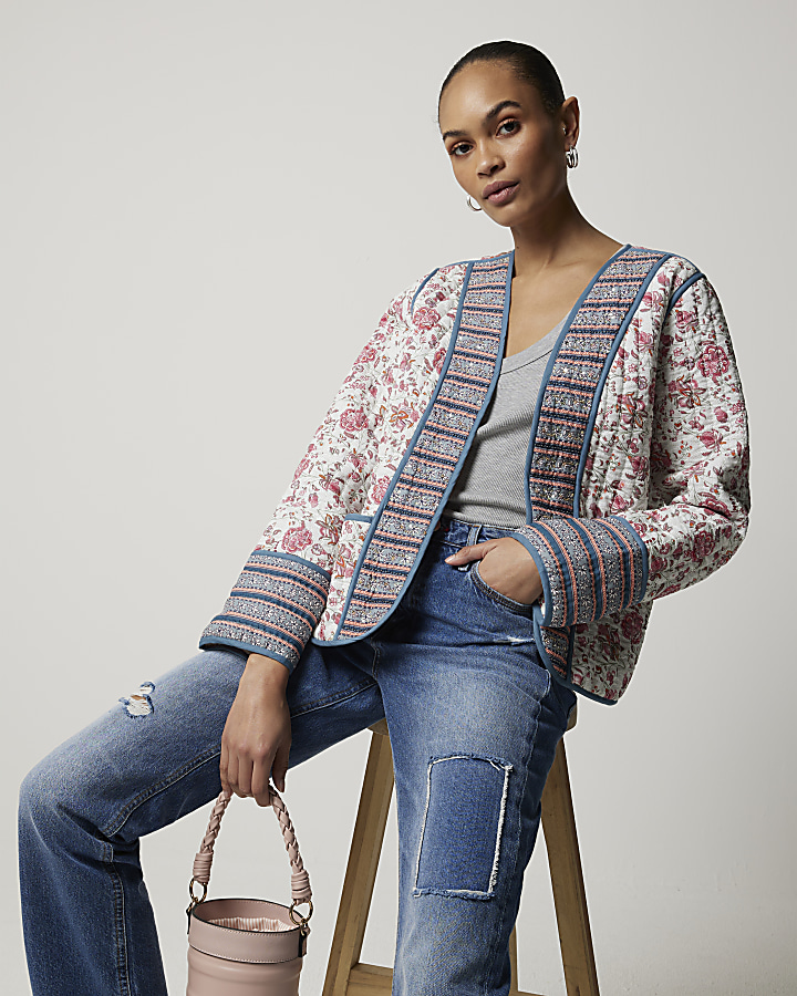 Pink quilted floral jacket River Island