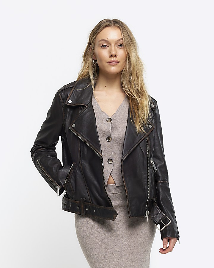 Petite brown leather oversized biker jacket