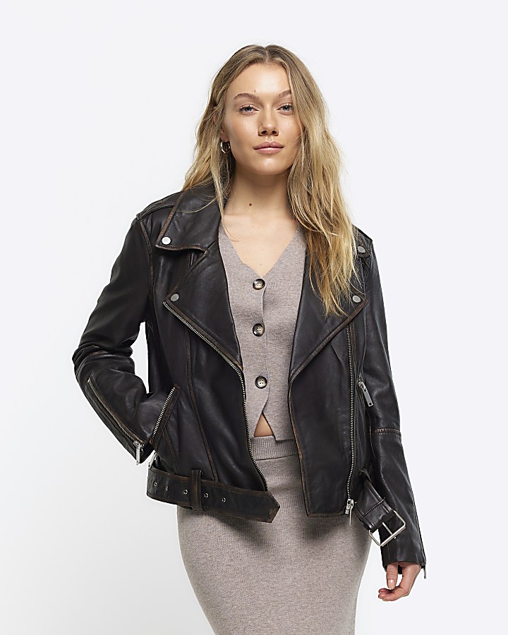 Petite brown leather oversized biker jacket | River Island