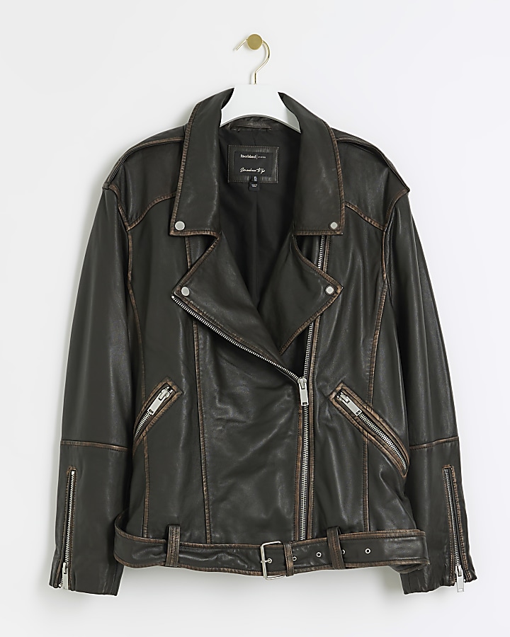 Plus brown leather oversized biker jacket