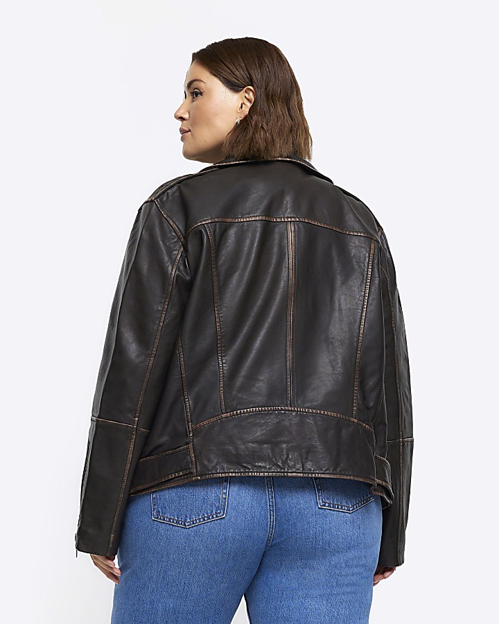 Plus brown leather oversized biker jacket