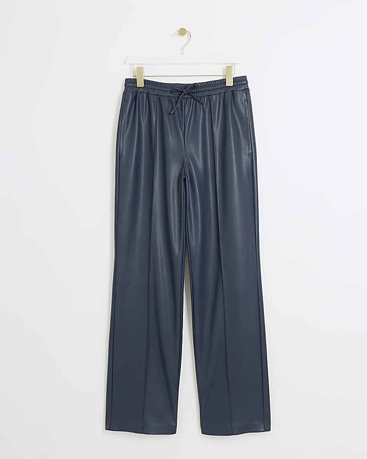 Navy faux leather wide leg trousers