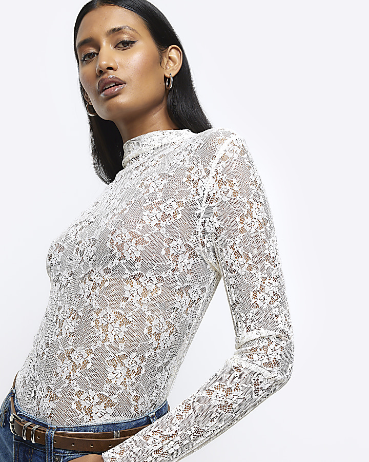 Cream lace long sleeve top | River Island