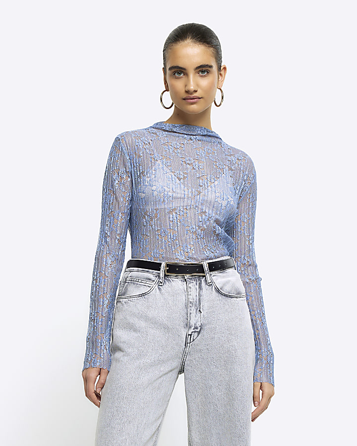 Blue lace long sleeve top | River Island