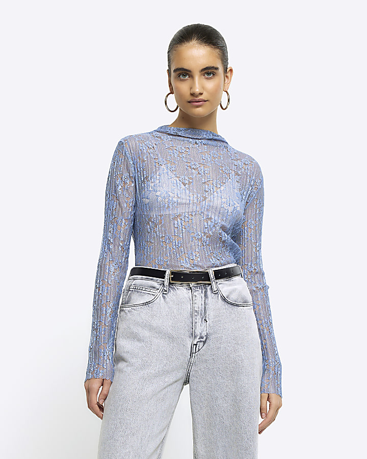 Grey lace long outlet sleeve top