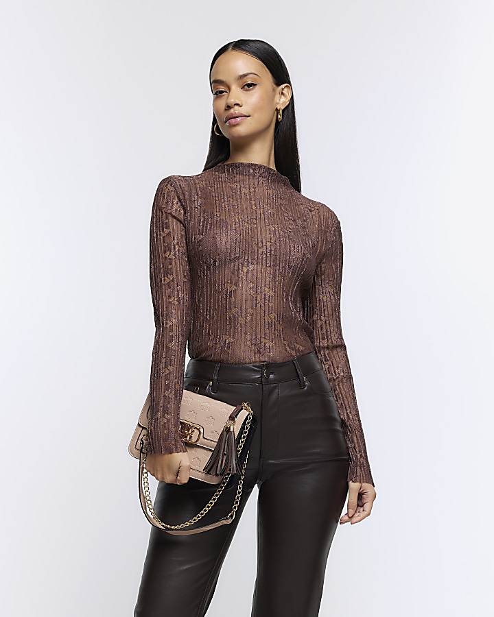 Brown lace long sleeve top