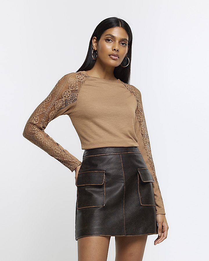 Beige rib lace long sleeve top