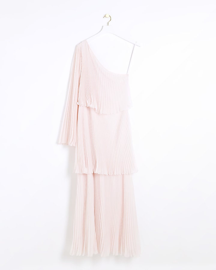 Pink plisse one shoulder maxi dress