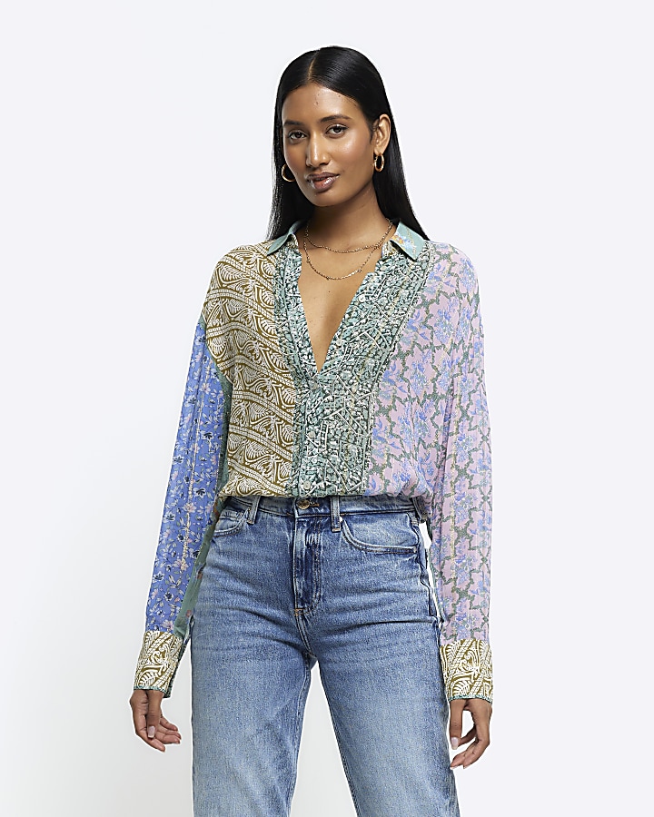 Blue patchwork floral shirt | River Island