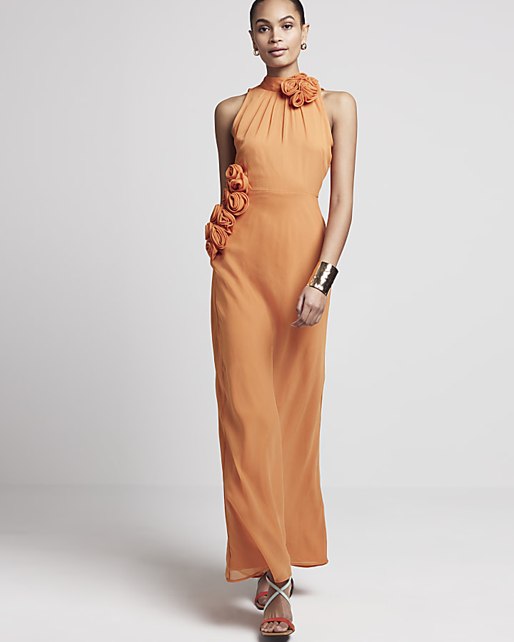 Rust corsage high neck slip maxi dress