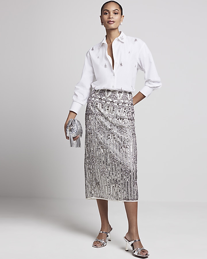 Silver Sequin Pencil Midi Skirt
