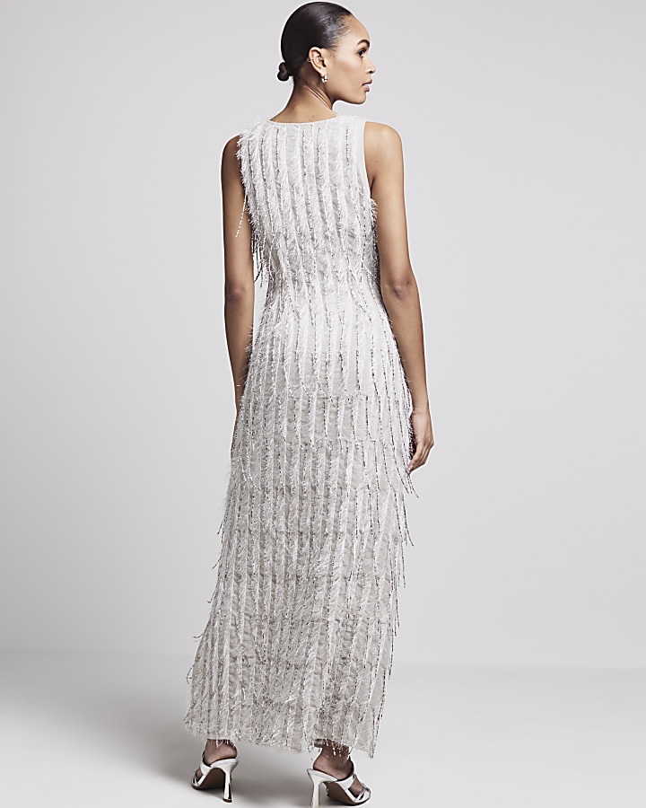 Grey fringe embellished bodycon maxi dress River Island
