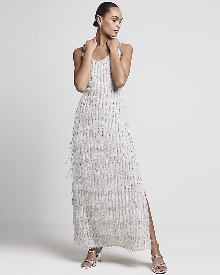 River island white fringe hot sale dress