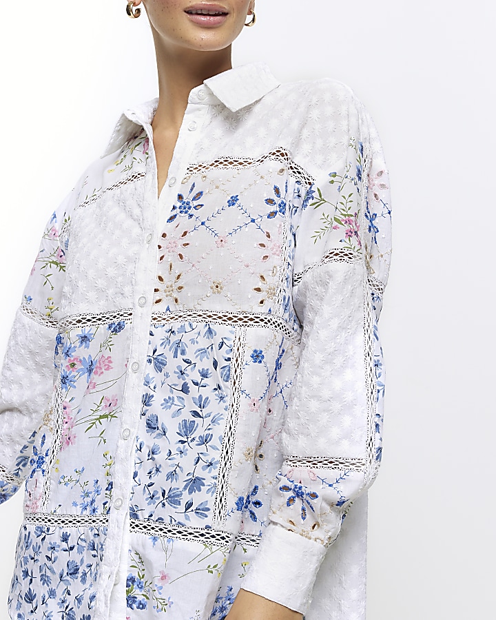 Cream floral patchwork lace shirt