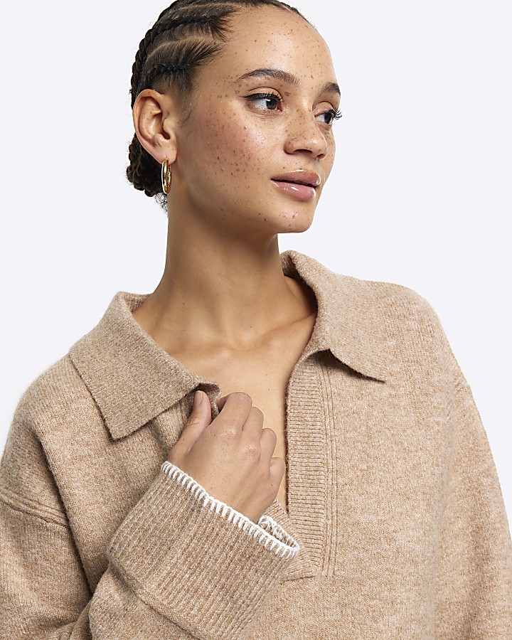 Beige collared cosy jumper River Island