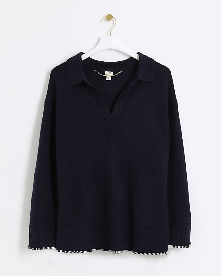 Navy collared cosy jumper | River Island