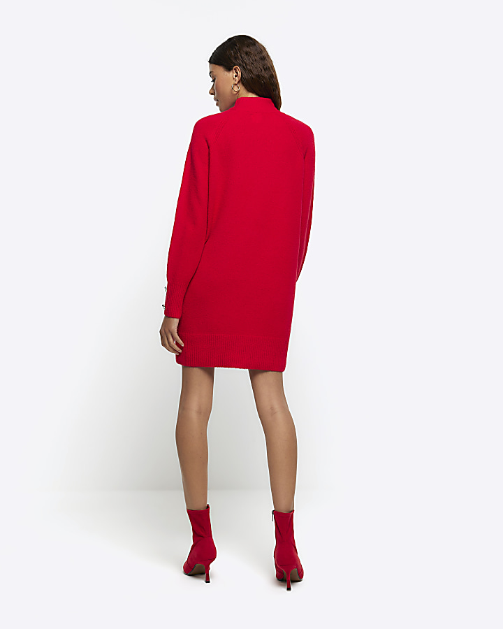Red knitted cosy jumper mini dress