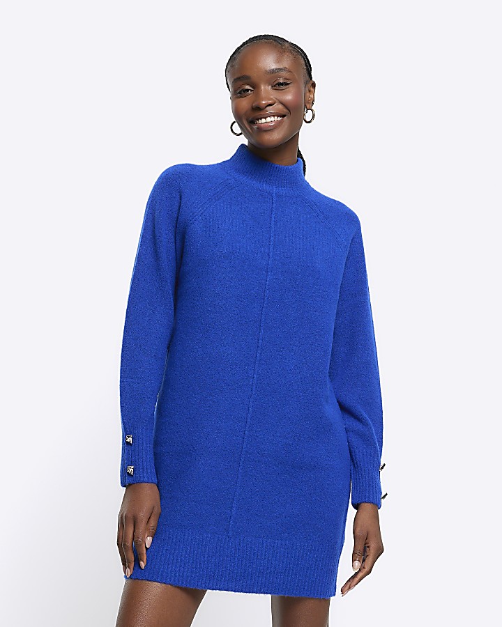 Blue knitted cosy jumper mini dress