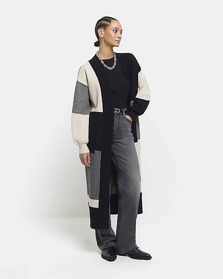 Black colour block longline cardigan