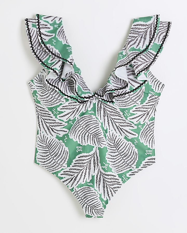 Plus Green frill plunge swimsuit River Island